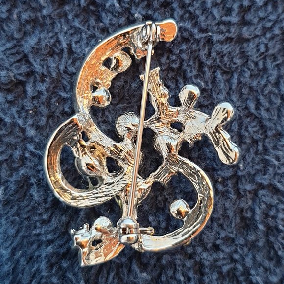 Art Nouveau Aurora Borealis Rhinestone & Faux Pearl Silver Tone Spiral Brooch - Picture 10 of 11